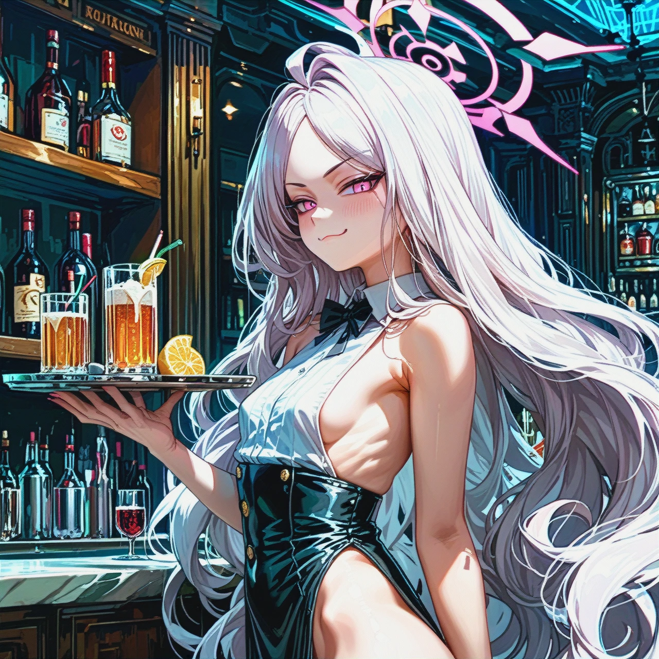 monchan rev3, side view, solo,  hina (blue archive), bartender suit, cat smug, white shirt, sideboob, high-waist loincloth, highleg, tray, flat chest, puffy boobs