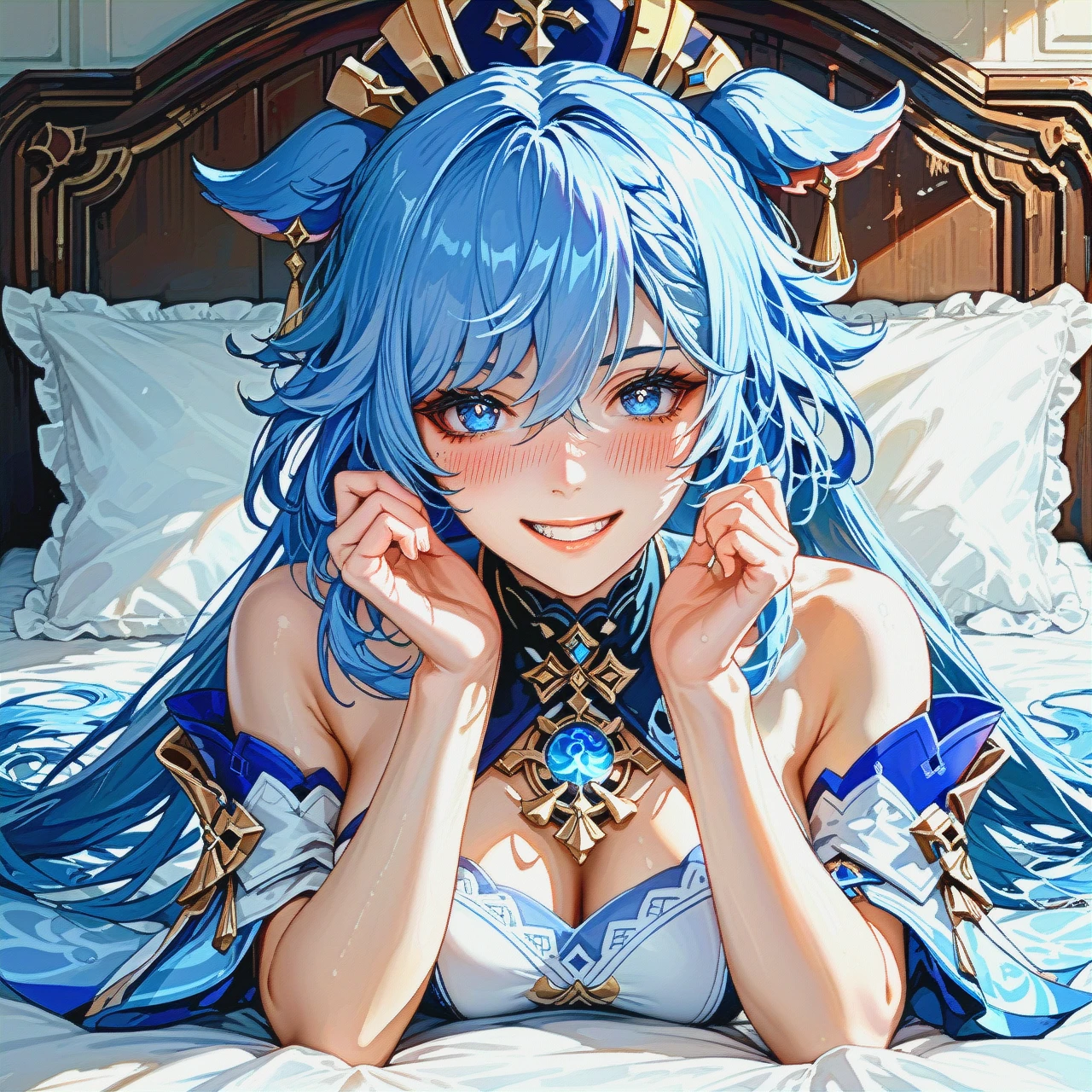 @furina , bed, (grin), cute pose, teasing, blushing