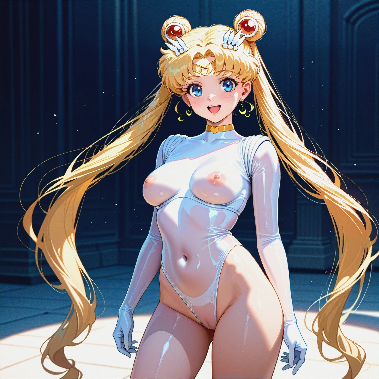 tsukino usagi,bishoujo senshi sailor moon,1girl, blonde hair, long hair, blue eyes, breasts, twintails, hair bun, double bun, , smile, medium breasts, open mouth, solo, looking at viewer,, very long hair, highleg , transparent bodysuit white , covered navel, highleg, standing , (happy_sex)