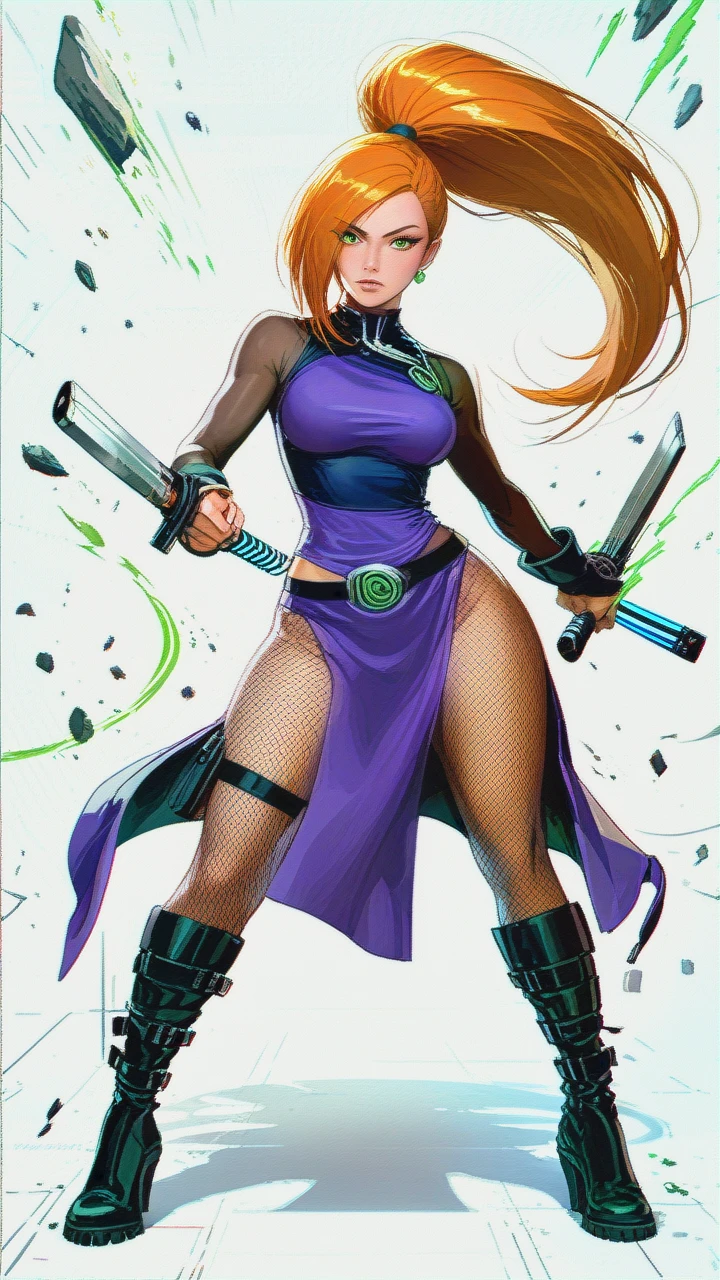 @kim_possible, @ino_yamanaka, (dual_wielding), costume, fishnet, boots, (hands_on_hips)