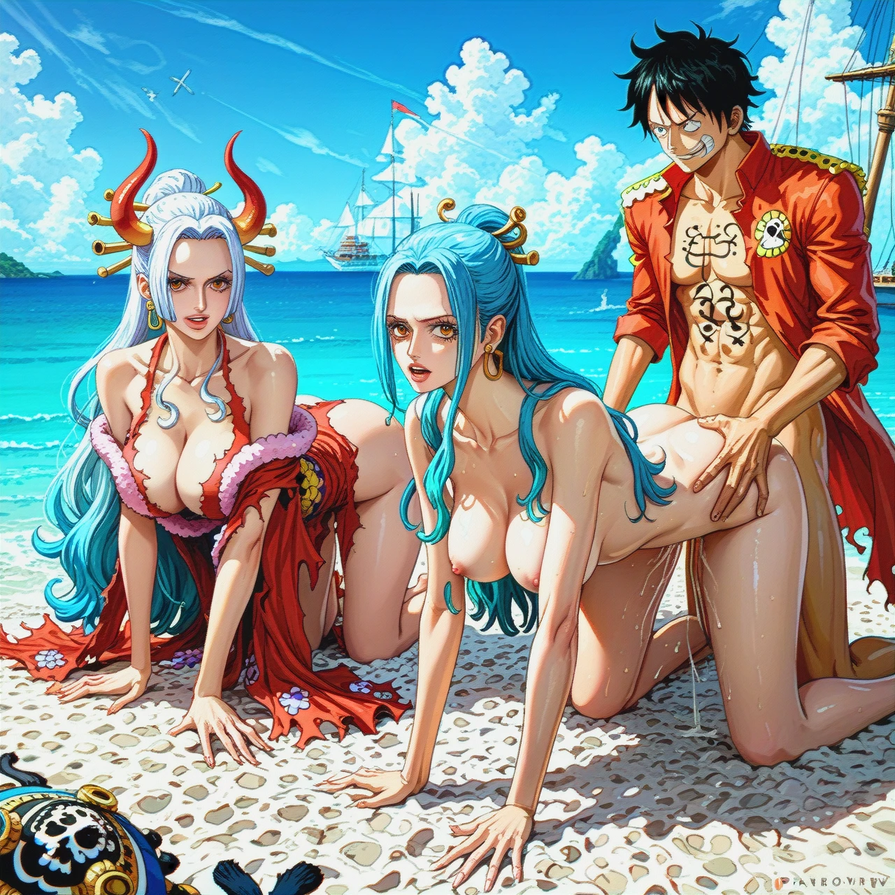 @yamato_one_piece  @monkey_d_luffy 3 girls , 1 guy , foursome sex @boa_hancock @nefertari_vivi , torn outfits, pirate ship (all_fours)