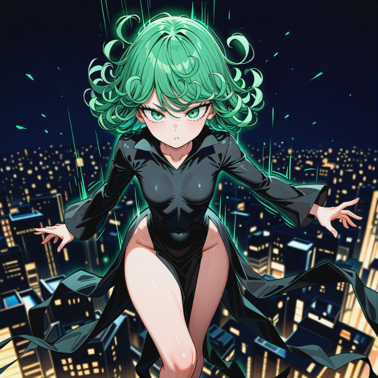 1girl, solo, , , , character tatsumaki, (perfect face: 1,2), (beautiful green eyes: 1,1), (very skinny), in black dress with long sleeve, in black heel, floating in the air, background is city, front view, motion lines