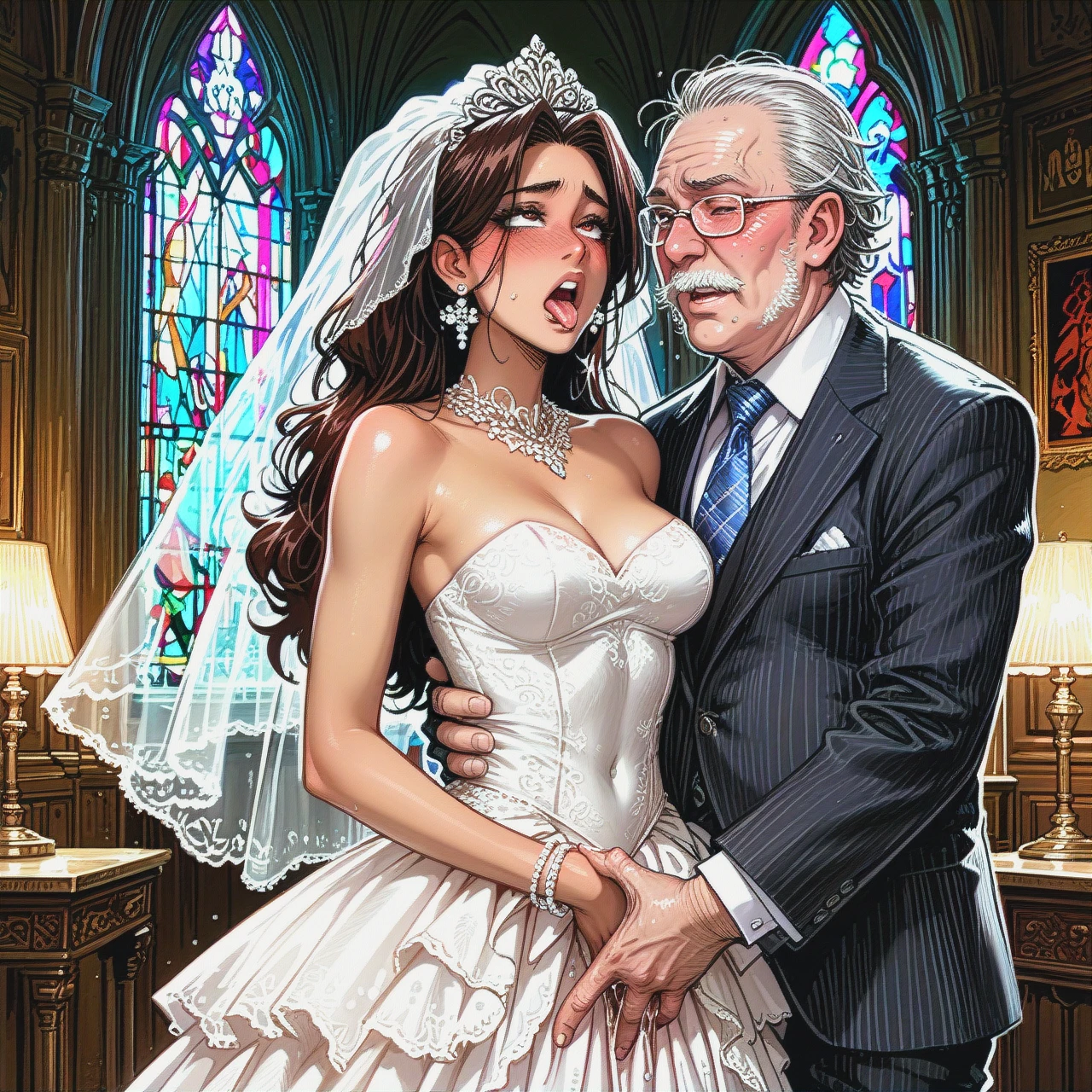 Castle room,slim brunette latina bride,strapless wedding dress,fit old man,   (fingering_through_clothes) (ahegao) (blush) (standing)