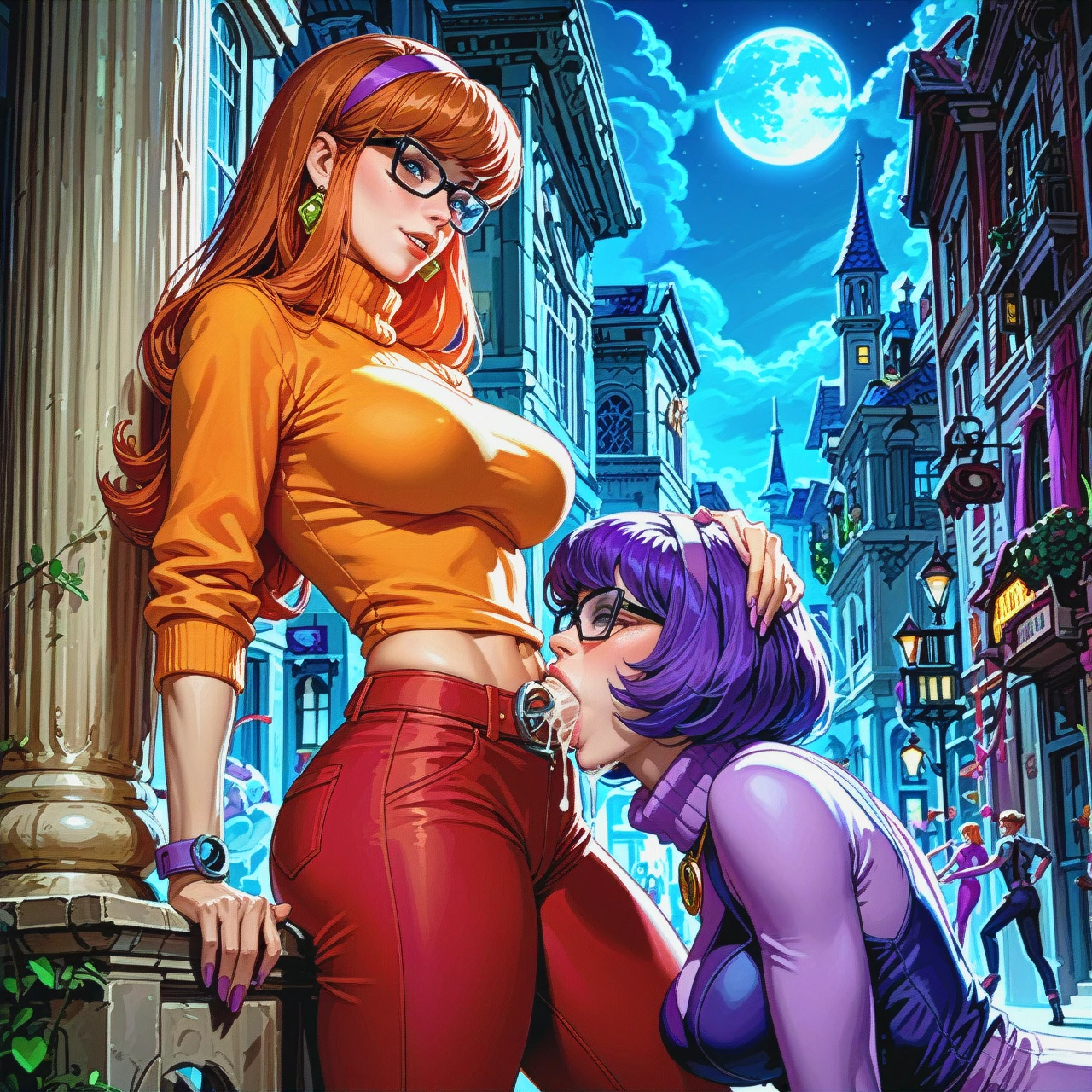 @velma_dinkley and @daphne_blake, night park, femdom, big dick (irrumatio), pants