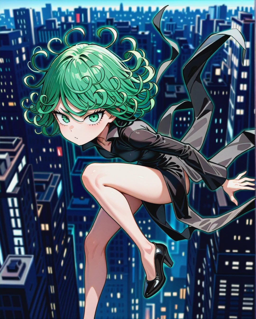 1girl, solo, , , , character tatsumaki, (perfect face: 1,2), (beautiful green eyes: 1,1), (very skinny), in black dress with long sleeve, in black heel, floating in the air, background is city, front view, side view, motion lines