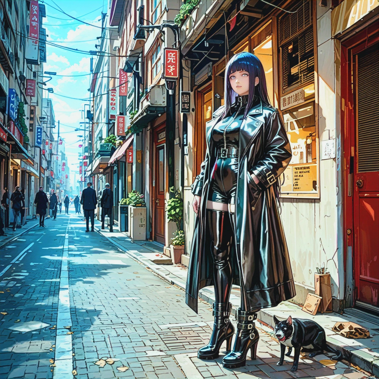 Hinata Hyuuga, anime, closed Leather long trench coat, black latex long high heels boots, in a street,