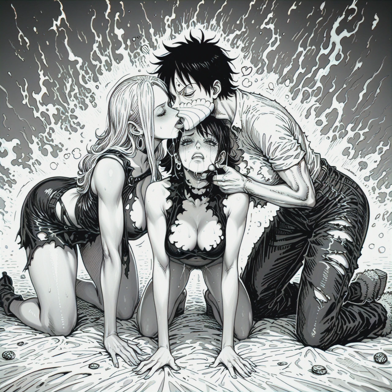 @monkey_d_luffy 3 girls , 1 guy , foursome sex   , torn outfits, (all_fours) (kissing_neck)  @reiju_vinsmoke_one_piece