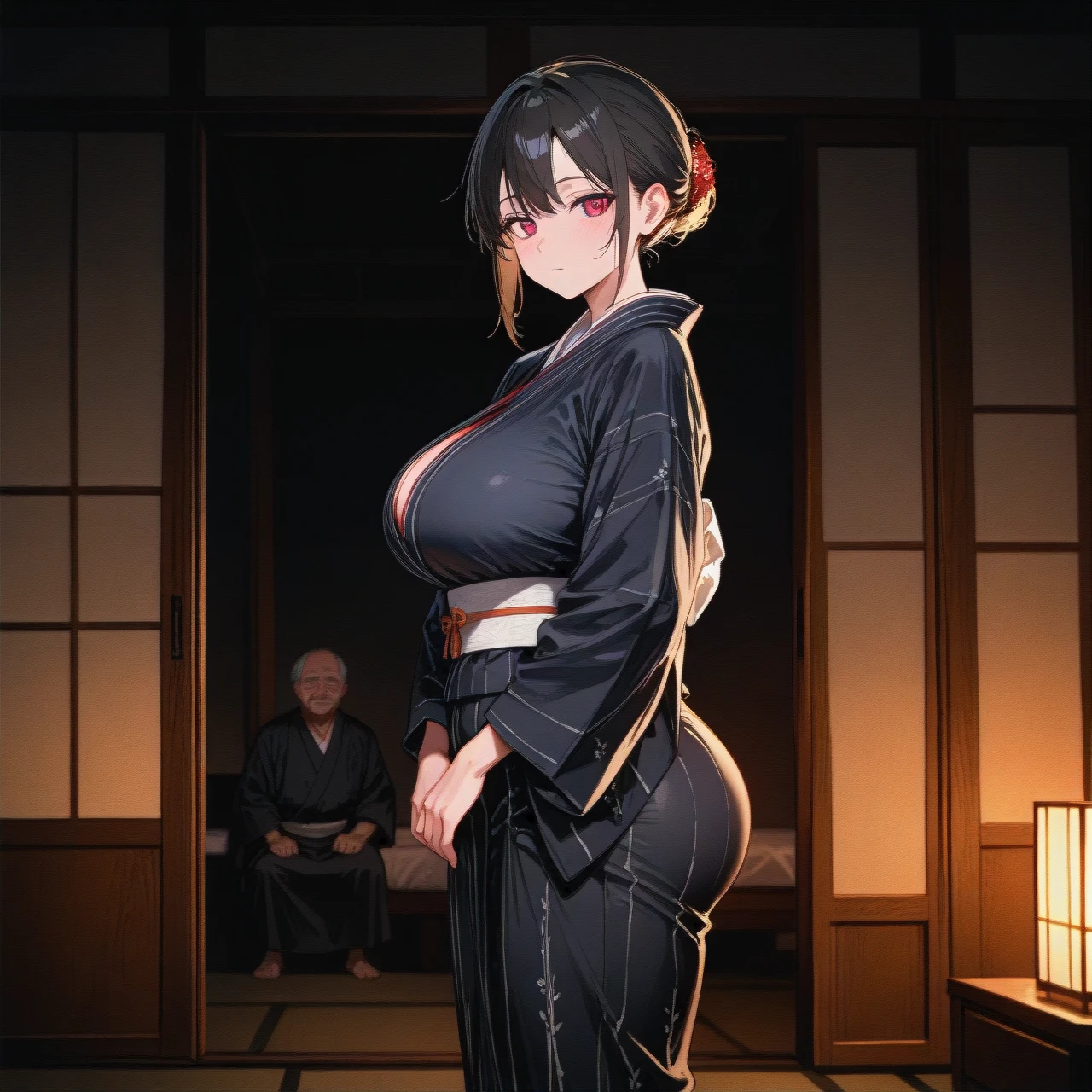 Darkness, night, Hinata hyuuga,, kimono , expressionless face , bedroom ,solo , perfect body , big ass, big chest, standing, husband and wife, ugly old man, smile