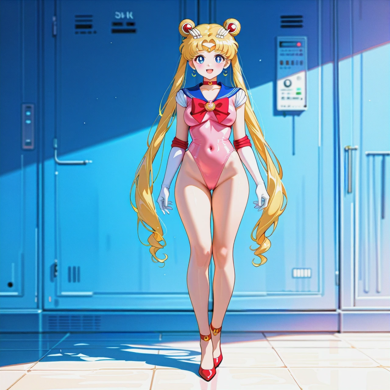 tsukino usagi,bishoujo senshi sailor moon,1girl, blonde hair, long hair, blue eyes, breasts, twintails, hair bun, double bun, , smile, medium breasts, open mouth, solo, looking at viewer,, very long hair, highleg , transparent pink leotard, covered navel, highleg, standing ,full body