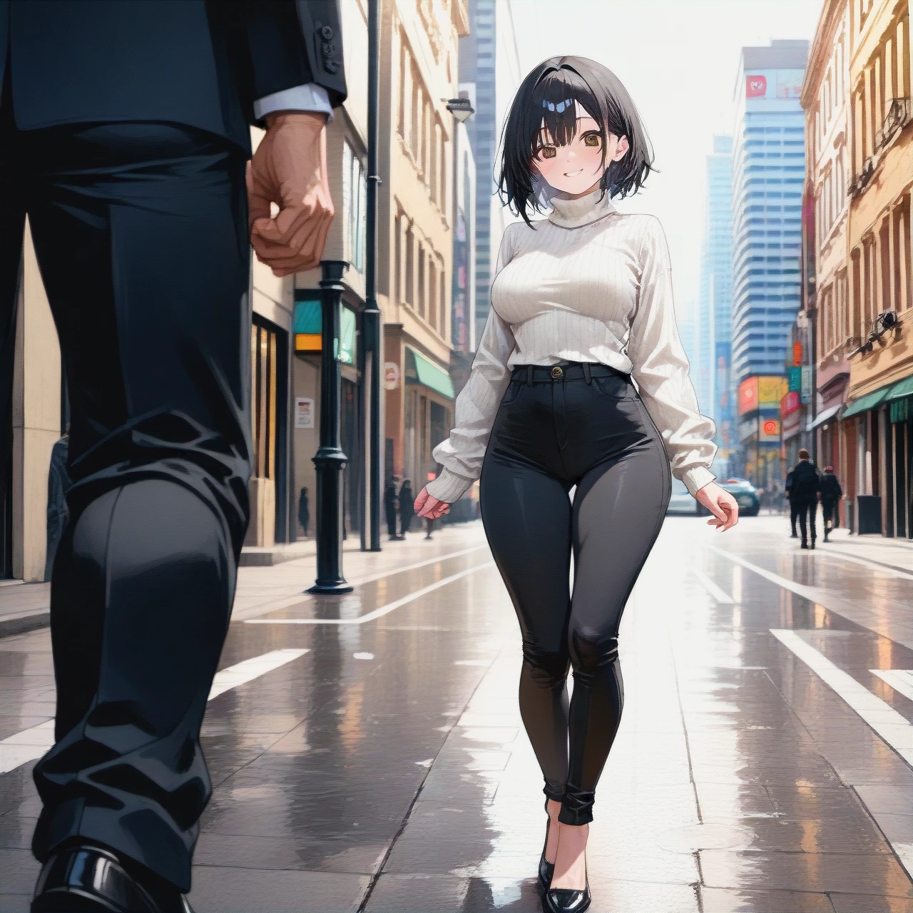 (Dressed in white Turtleneck sweater and black pants) (smiling) (asking for help) (black hair) (Caucasian) (Brown eyes) (on a city side walk) (full body view) (Rounded ass) (Medium breasts) (standing)