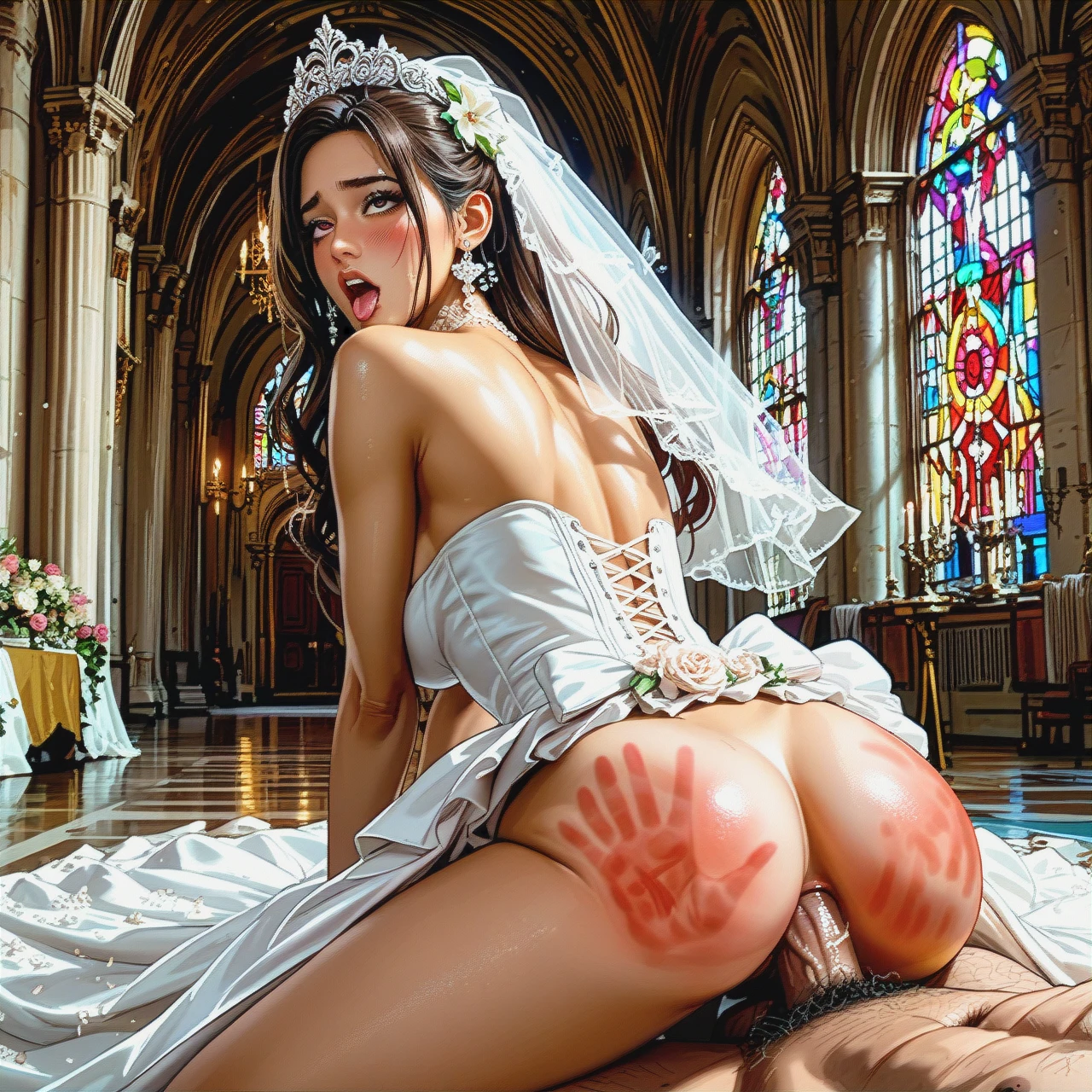 Castle room,slim brunette latina bride,strapless wedding dress,fit old man,  (anal) (ahegao) (blush) (cowgirl) (spanked)