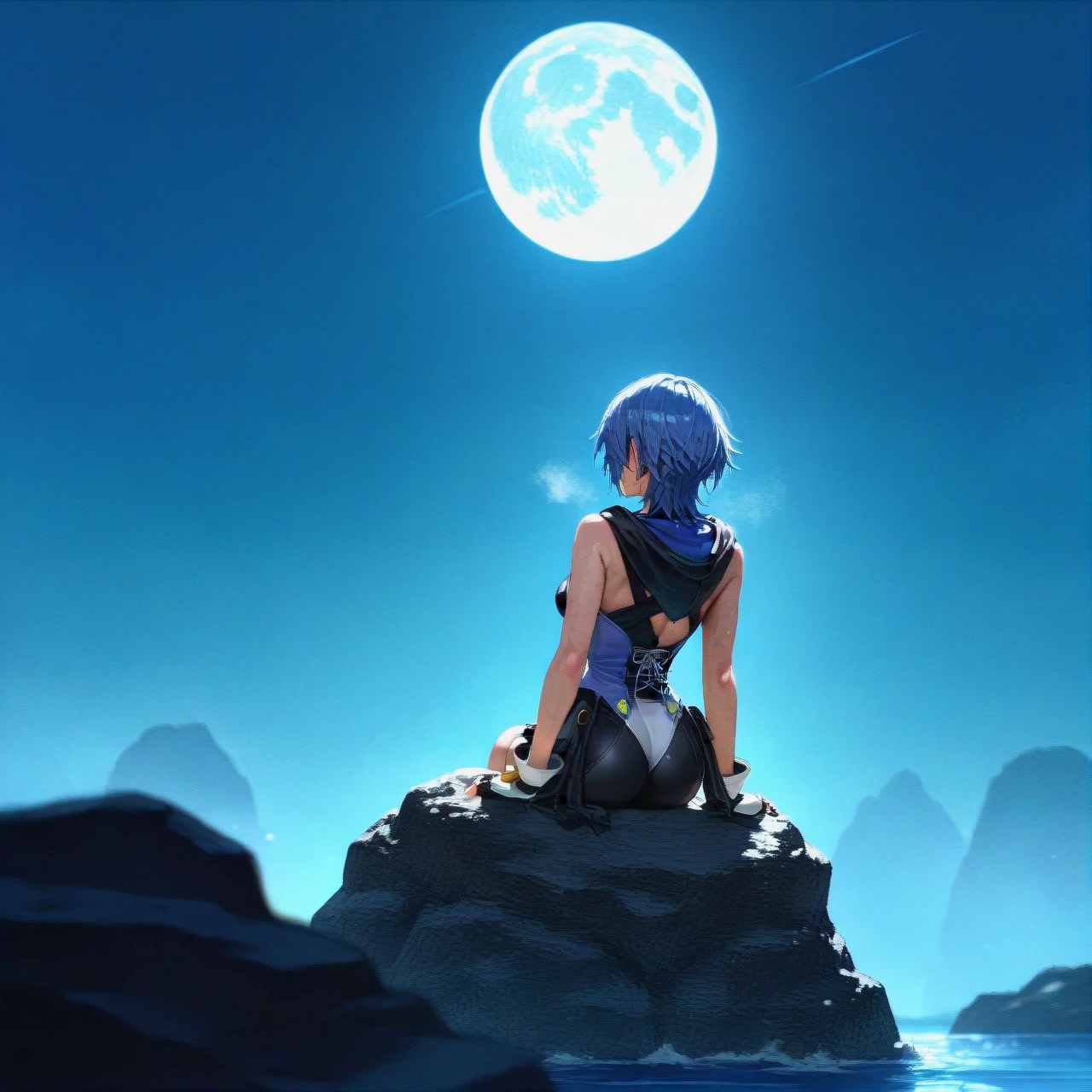 @aqua_(kingdom_hearts) ,sitting on a rock watching the moon.