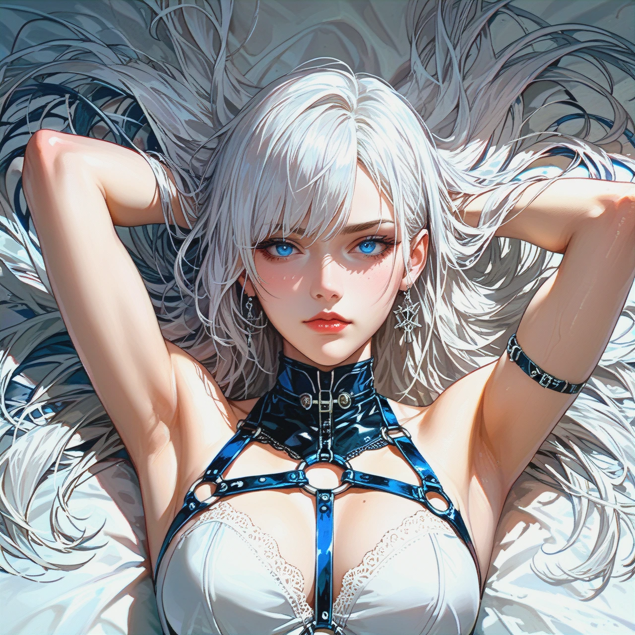 1 girl, 30 years old girl, harness, white hair, jewerly, red make up, perfect face. blue eyes, high definition, lying on its side, hands behind the head