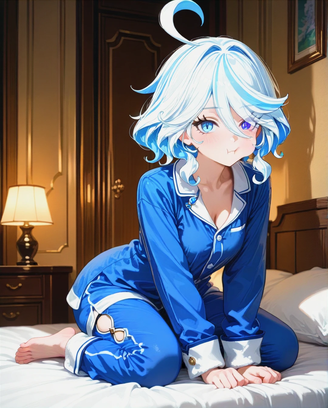 @furina , bed, , in pajamas, full body shot,(cheek-to-cheek)