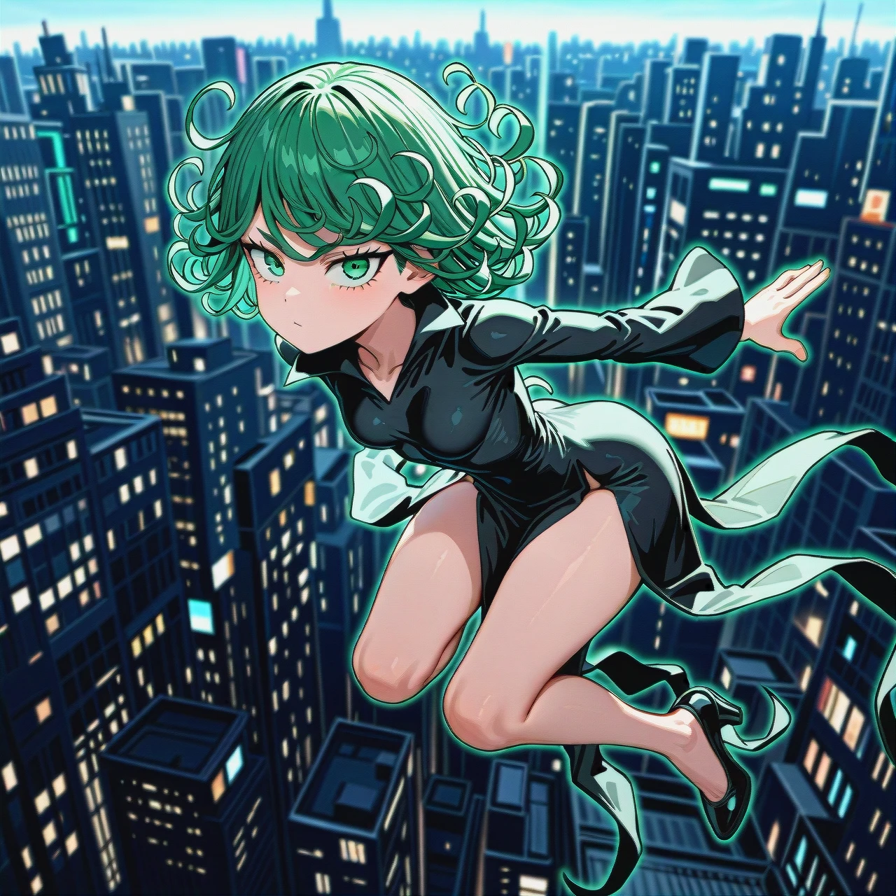 1girl, solo, , , , character tatsumaki, (perfect face: 1,2), (beautiful green eyes: 1,1), (very skinny), in black dress with long sleeve, in black heel, floating in the air, background is city, front view, side view, motion lines