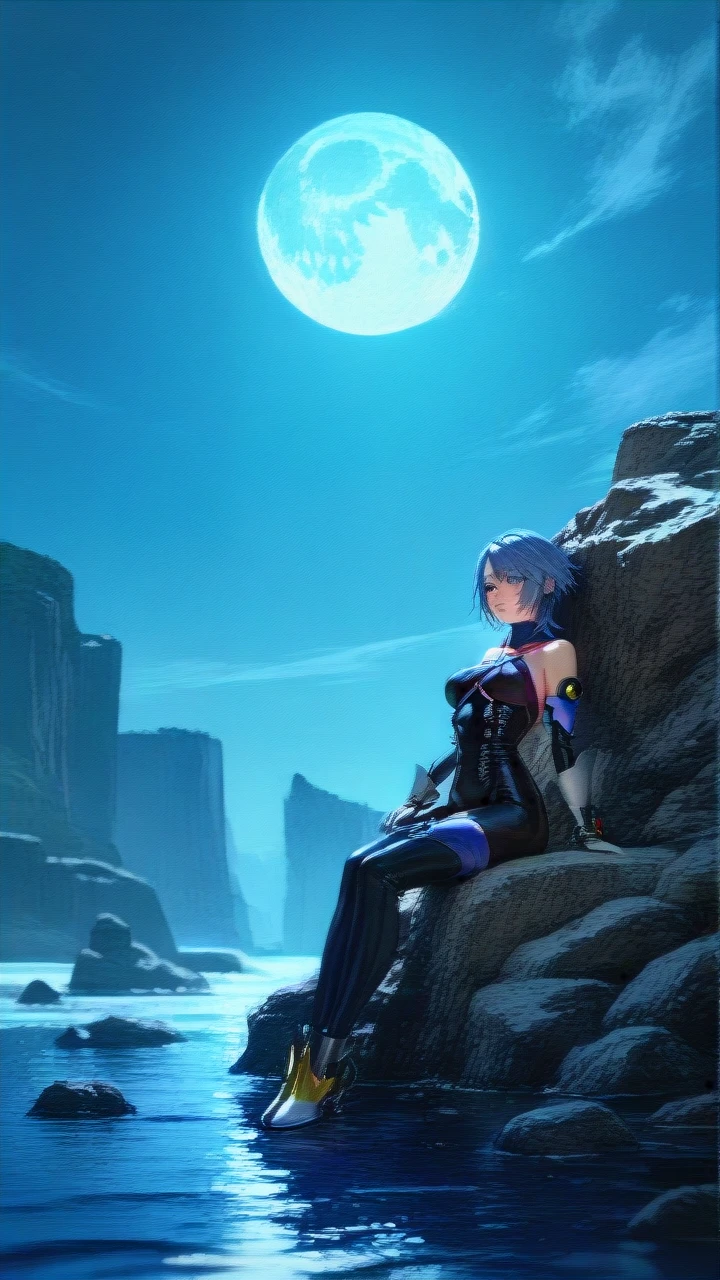 @aqua_(kingdom_hearts) ,sitting on a rock watching the moon.