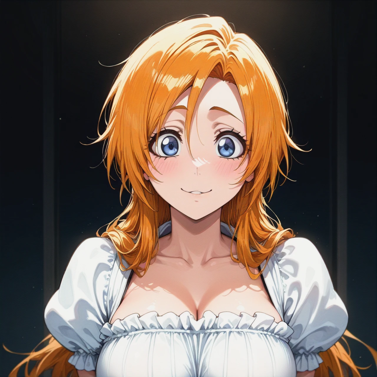 1girl, (Character orihime inoue from bleach), (perfect face: 1,2),(beautiful eyes: 1,1), in white dress, standing, front view