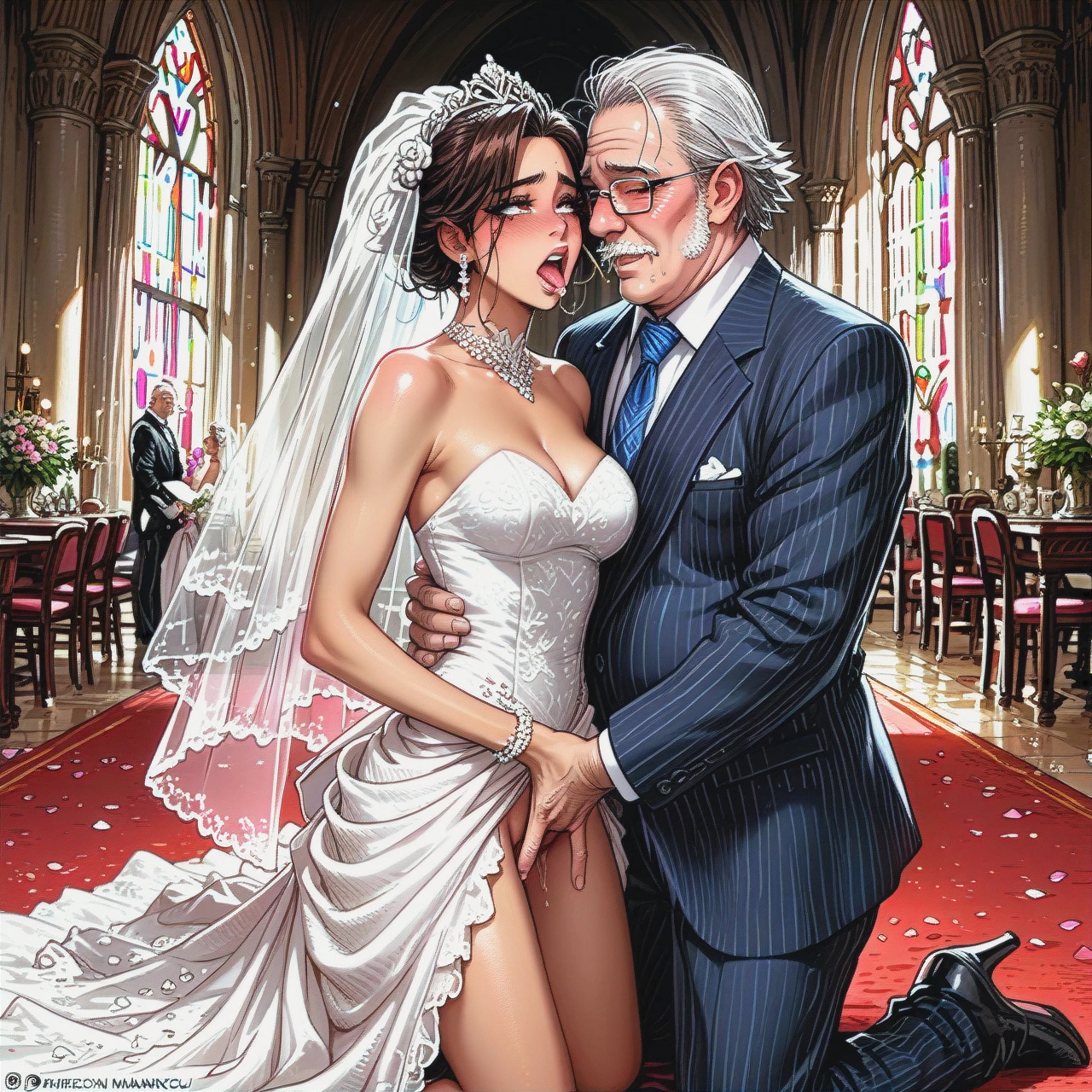 Castle room,slim brunette latina bride,strapless wedding dress,fit old man,kneeling,   (fingering_through_clothes) (ahegao) (blush) (standing)