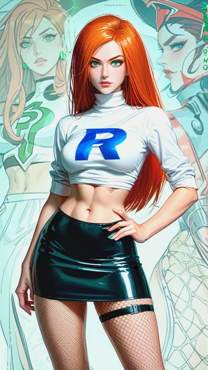 @jessie, @kim_possible, costume, fishnet, skirt, (hand_on_hip)