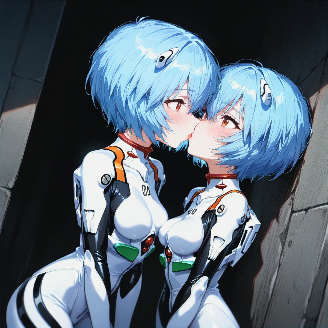 2 girls kiss, (maple (bofuri),armored dress) and (ayanami rei, white plugsuit bodysuit), detailed suit,eye contact, detailed face,