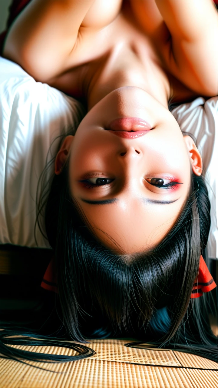 @Kaguya Shinomiya, Lying upside down on back on bed, head hanging/tilted over the side. Hair trailing on floor.  upside down deep throat,