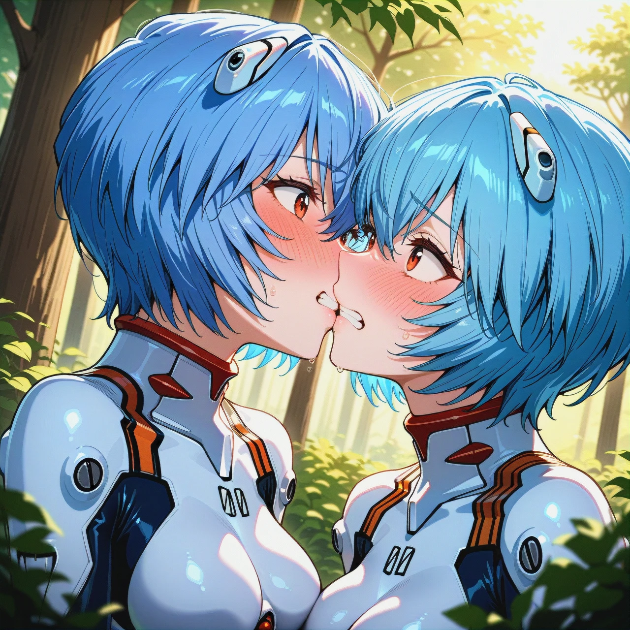 2 girls kiss, maple (bofuri),armored dress. forest,ayanami rei, white plugsuit bodysuit, detailed suit, clenched teeth,eye contact, detailed face, blushing, detailed soles,