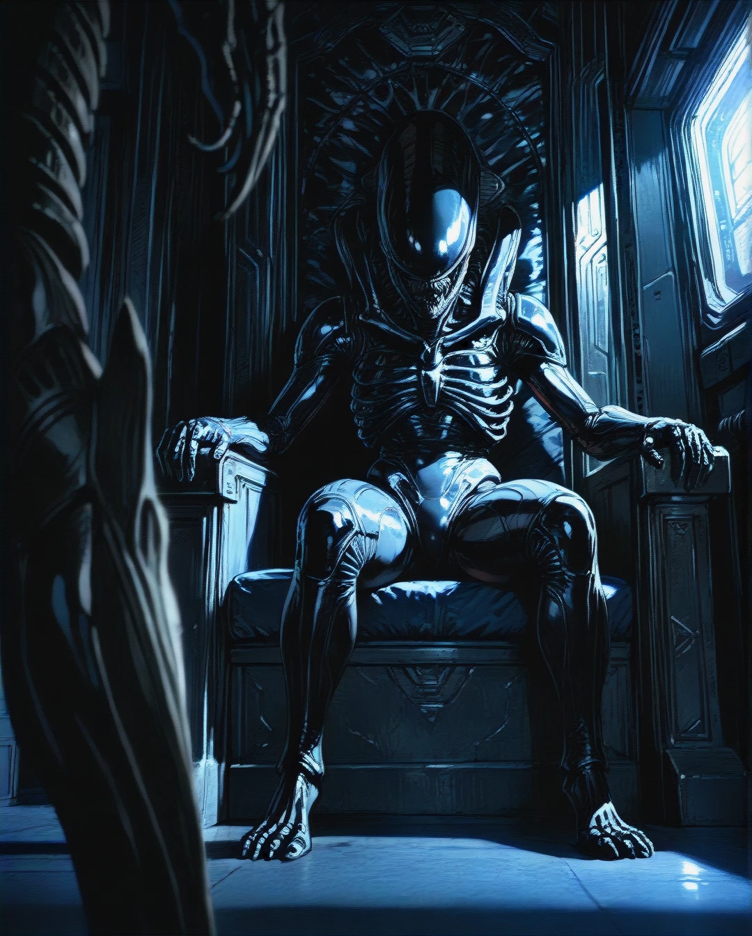 @xenomorph, sitting on a throne, inside spaceship, dark, (full_body)