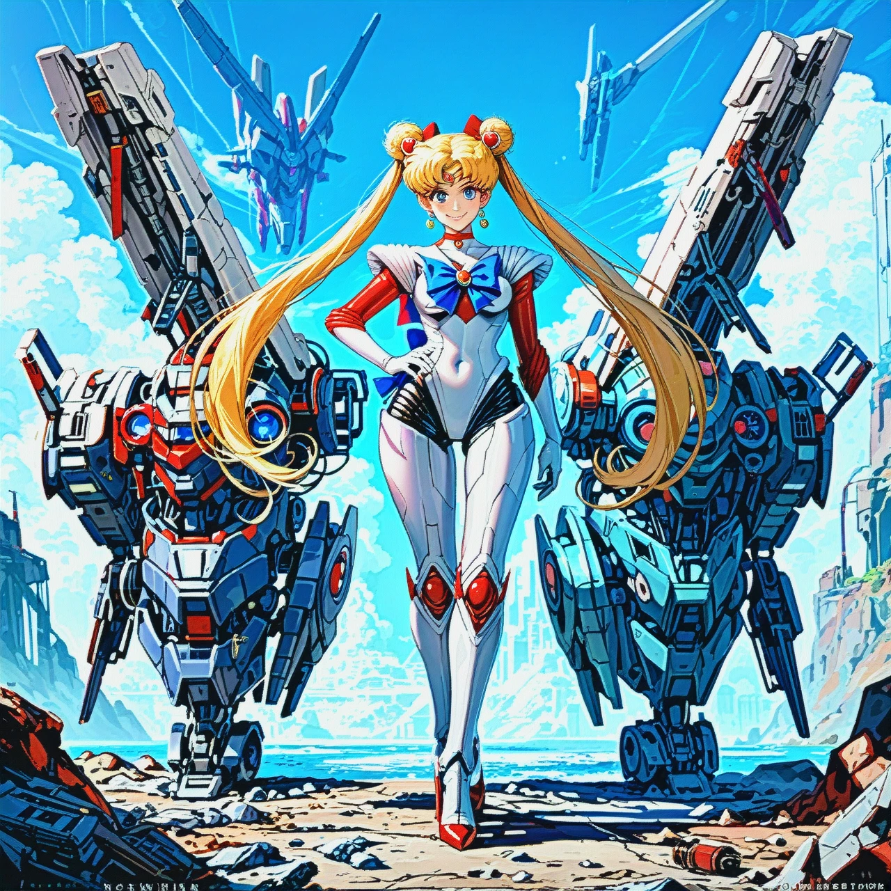 tsukino usagi,bishoujo senshi sailor moon,1girl,no humans, robot, mecha, hand on own hip, solo, smile happy,sky background, long hair, standing, blue eyes, twintails circlet,blonde hair  bow, high heels, full body, white teansparent bodysuit , mechanization, science fiction, looking at viewer, v-fin