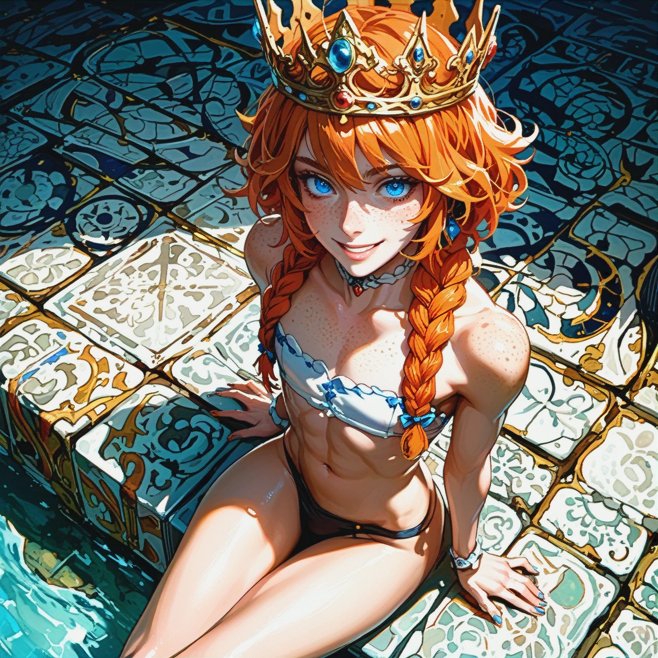 1femboy, freckles ,blue eyes, skinny, pretty boy, braided crown, orange hair,high angle,rubberized,jerking-off,full package futanari,white paled skin, flat chest,big smile, sitting