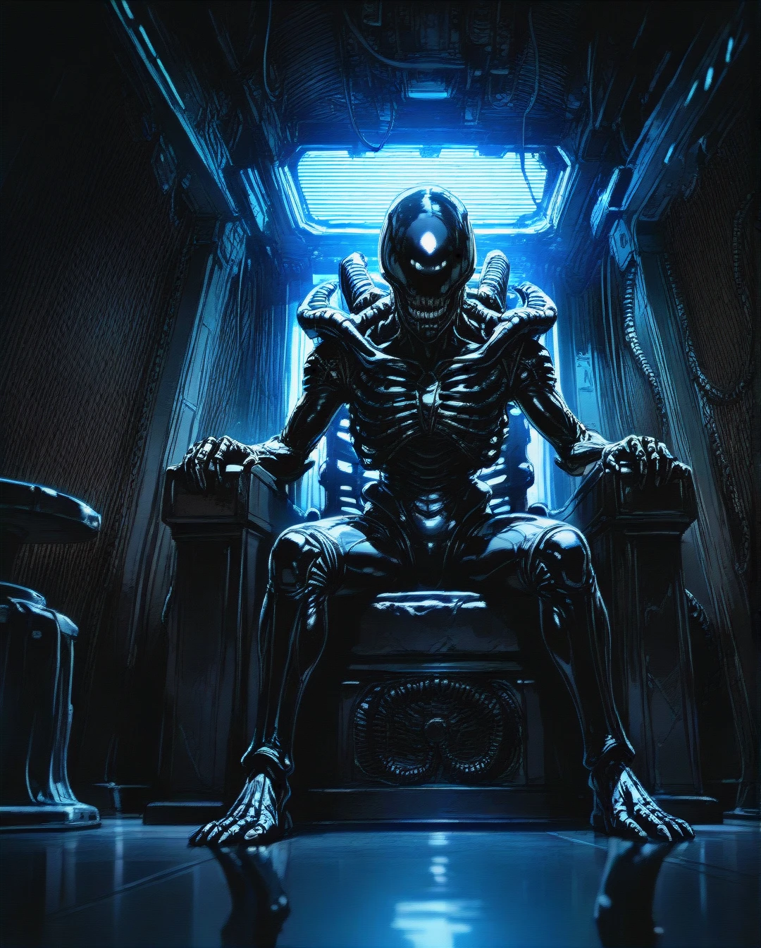 @xenomorph, sitting on a throne, inside spaceship, dark, (full_body)