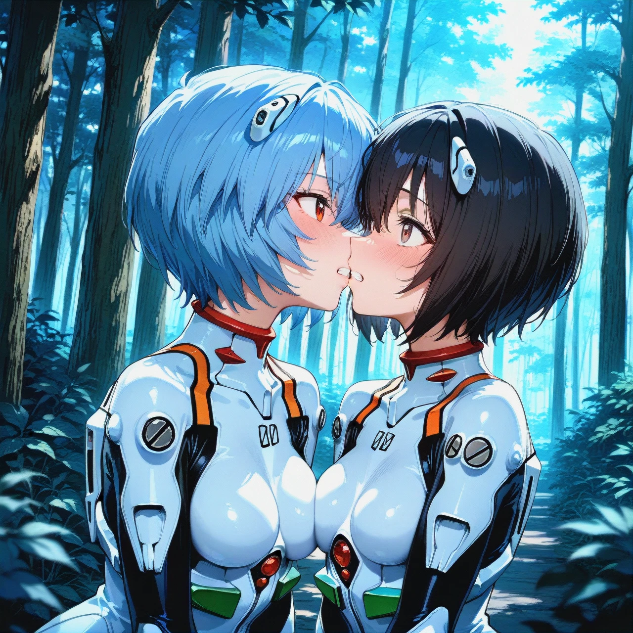 2 girls kiss, maple (bofuri),armored dress. forest,ayanami rei, white plugsuit bodysuit, detailed suit, clenched teeth,eye contact, detailed face,