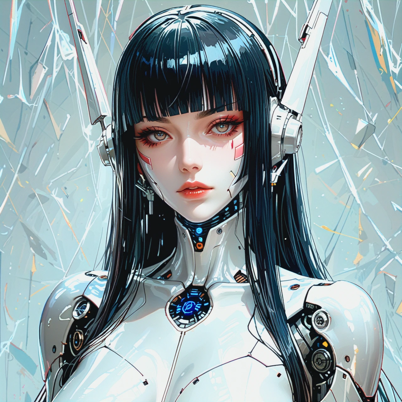 deviant sexy robot woman, robot body, white metallic body, black hair, blunt bangs, long hair.