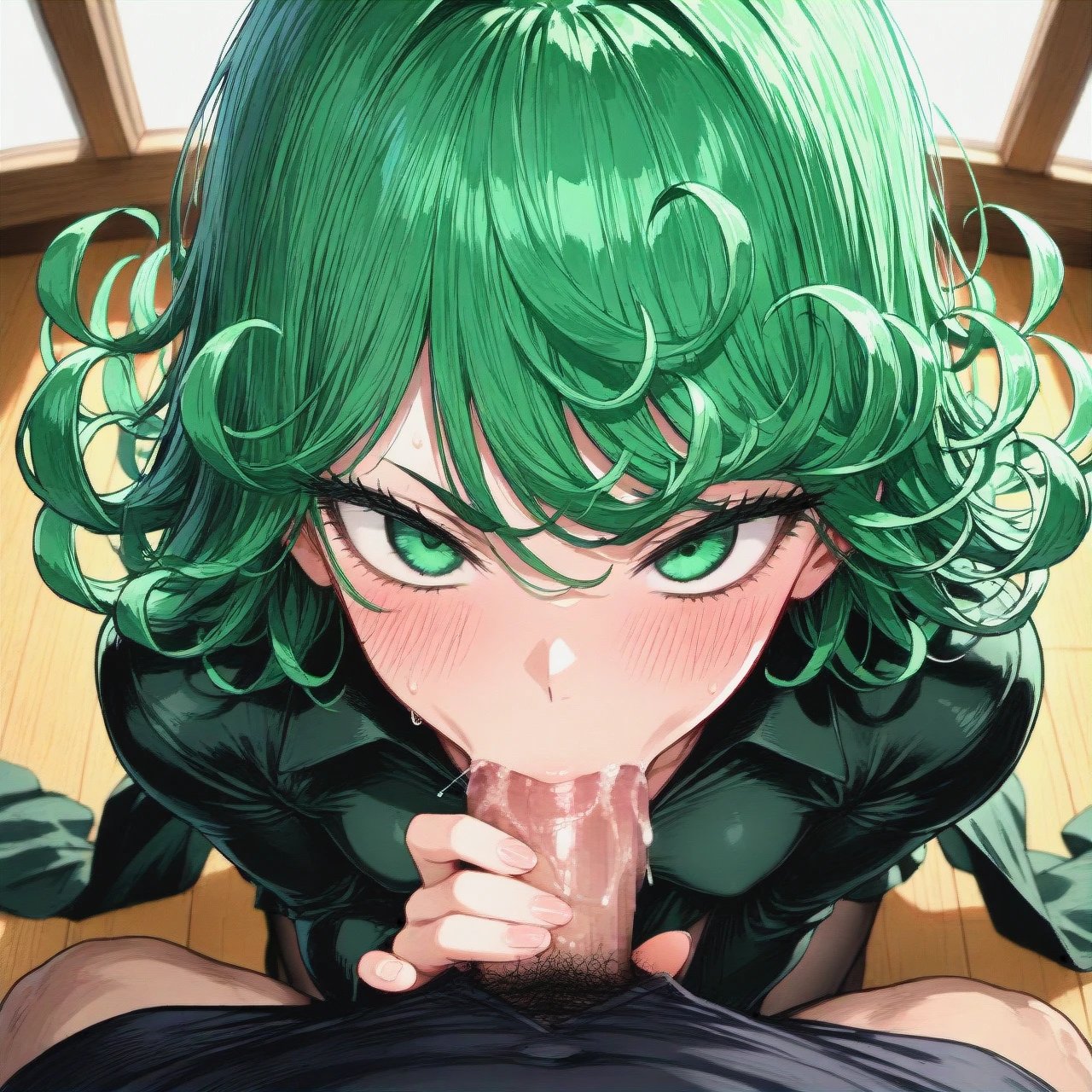 1girl, solo, Tatsumaki (One punch Man), black pantyhose, skirt, (fellatio)