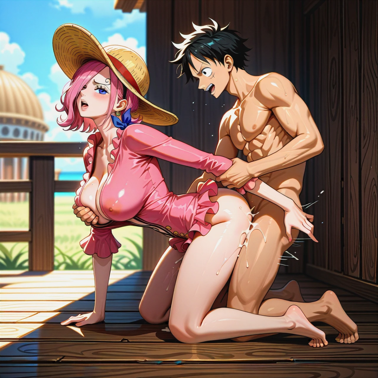 Vinsmoke Reiju from one piece ,  outfit  ,  @monkey_d_luffy  , sex, full body , (guided_breast_grab) , full body , (from_side) , (sideways) , hip thrust , (sex_from_behind) sex ,  creampie , background sea on the outdoor deck of the straw hat ship from one piece