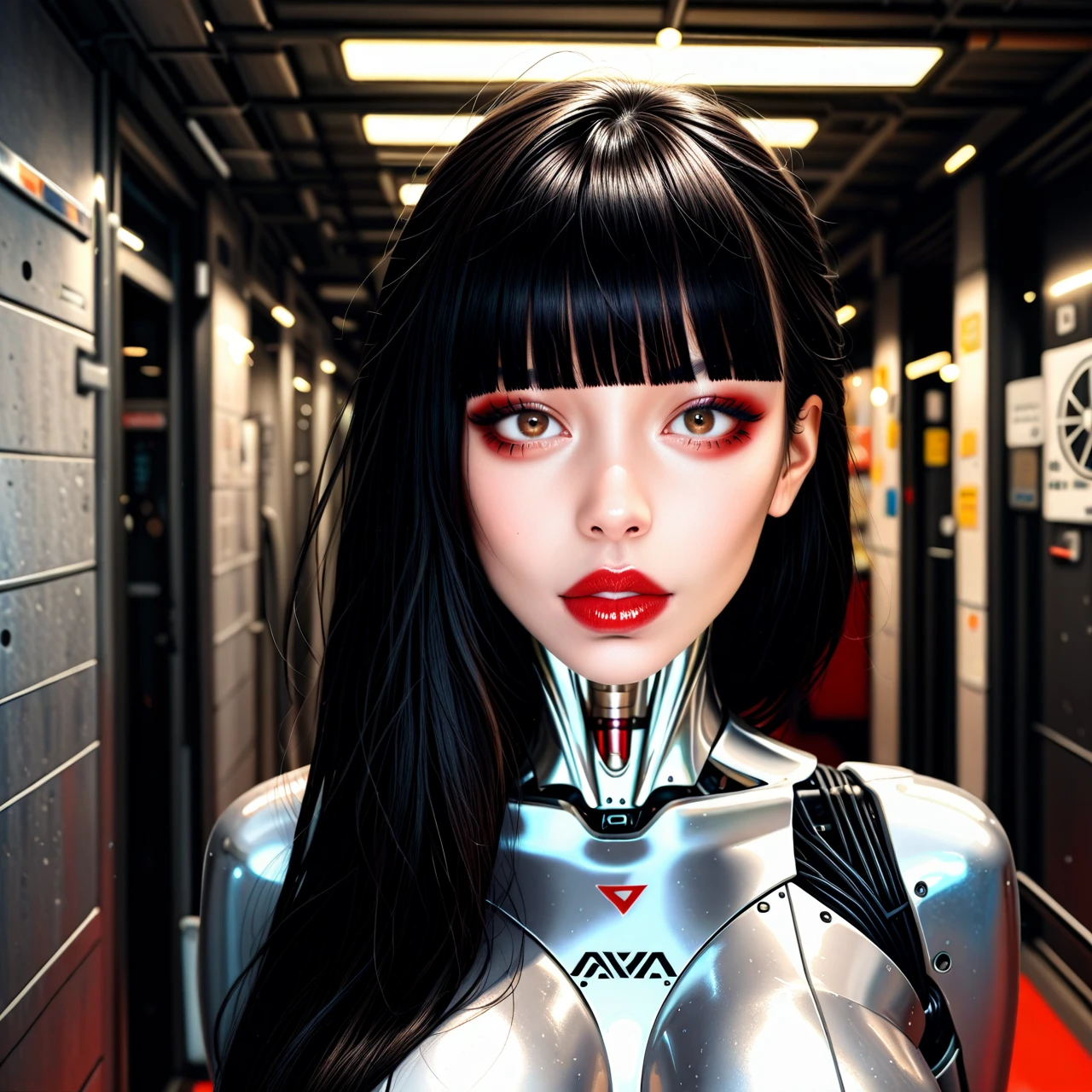 deviant sexy robot woman, robot body, white metallic body, black hair, blunt bangs, long hair, extreme straight hairstyle, brown eyes, red lipstick thick lips, pink sharp nails, medium breast.