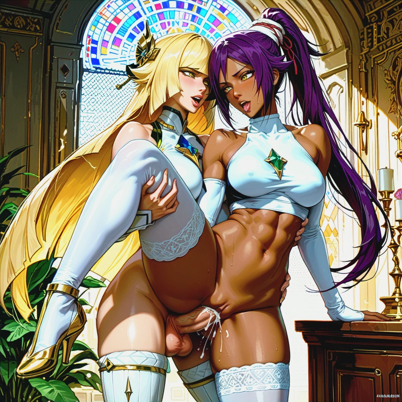 2 girls, lesbian, voluptuous, stockings, lusamine, @shihouin_yoruichi, orgasm, standing sex, leg up, futa on futa, squirt, ahegao