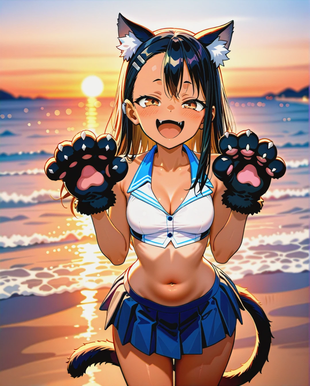 Hayase Nagatoro, mischievous look, laughing with open mouth, cat ears, cat paw gloves, cat tail, dressed in a pleated mini skirt, crop-top shirt, showing her belly button, cleavage, standing  paws up, on the beach, sunset, play of shadows, beautiful lighting, subtle pastel tones, 8k