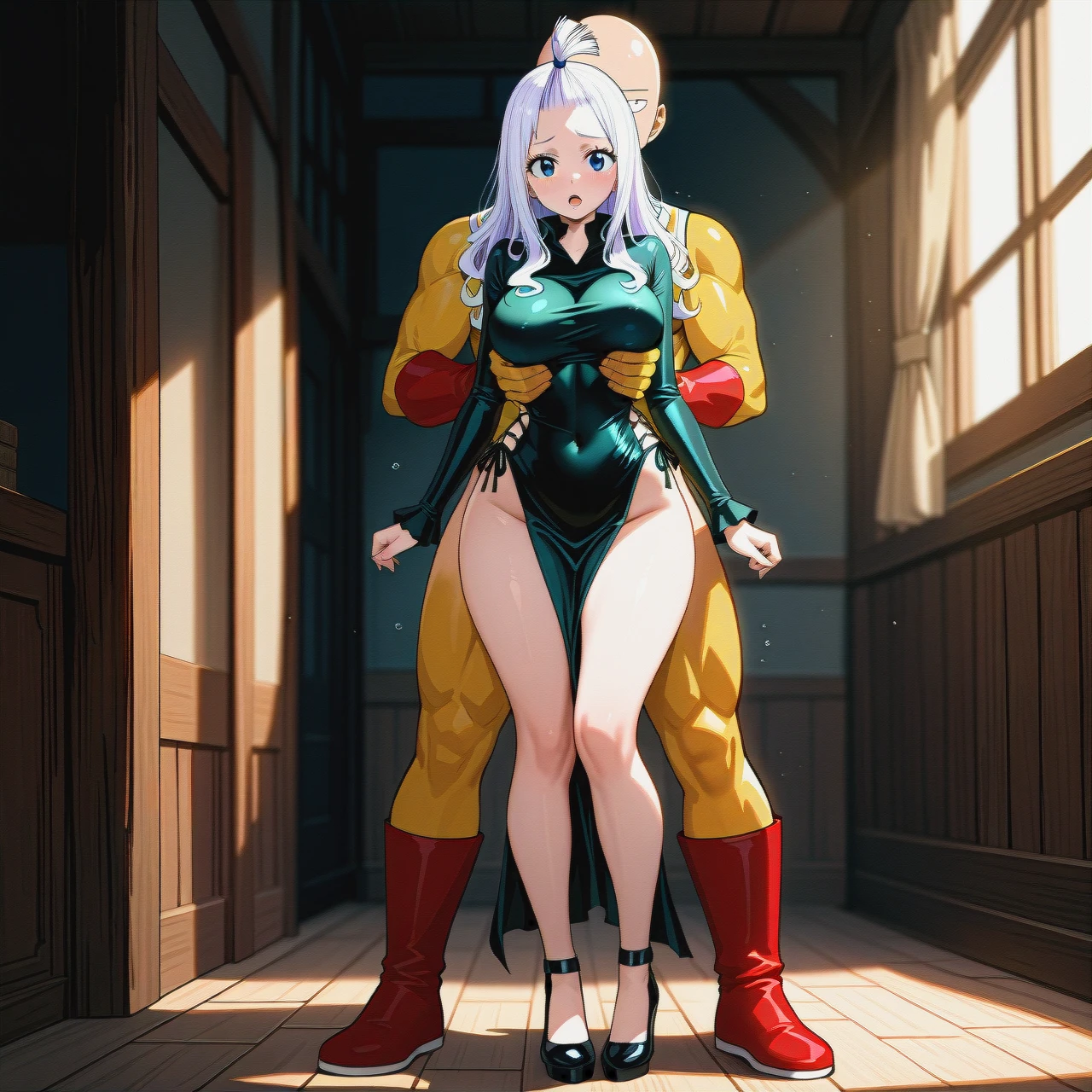 Mirajane Strauss from fairy tail ,  black rider outfit from fairy tail , reverse standing sex ,  sex, full body , (guided_breast_grab) full body (from_side) ,  @saitama ,