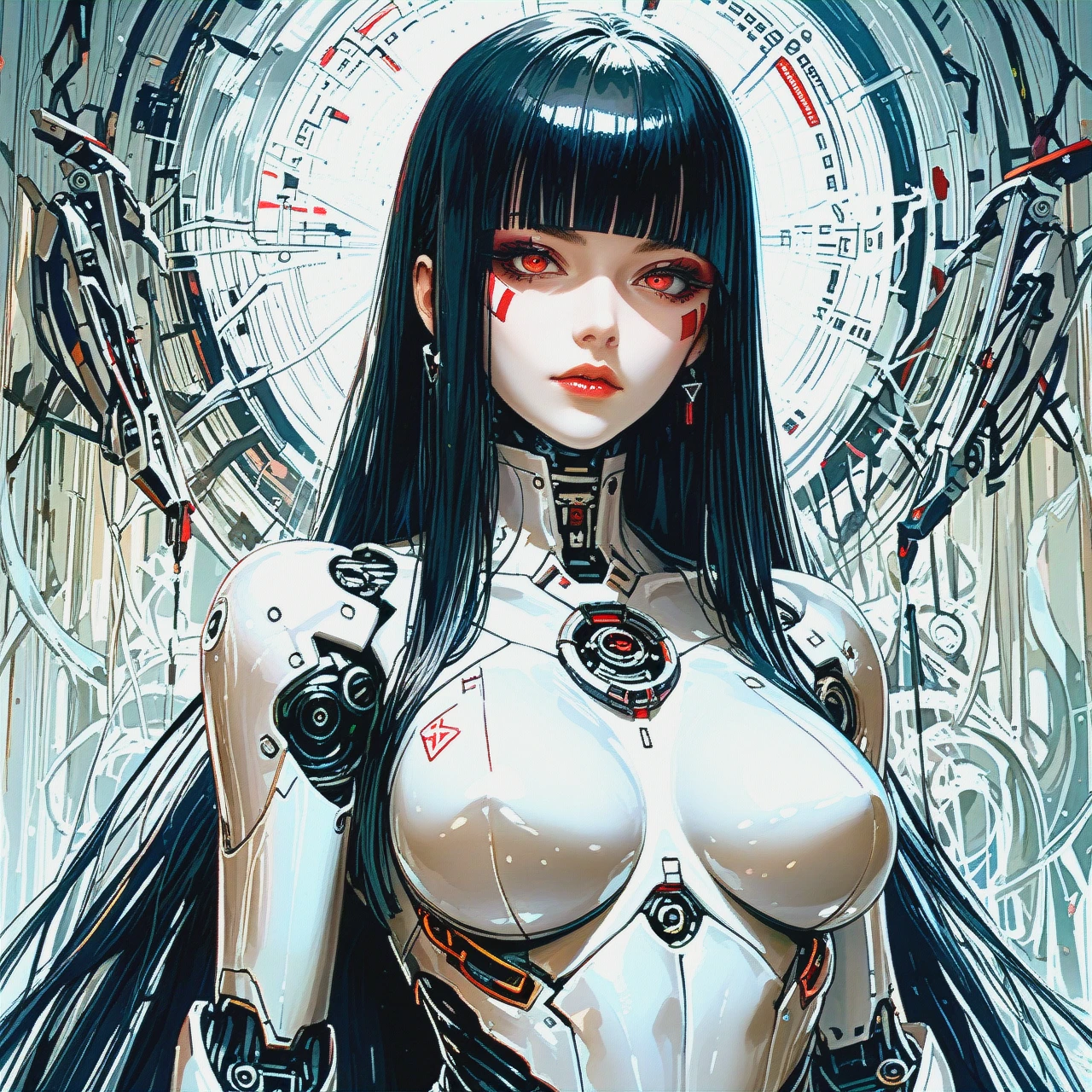 deviant sexy robot woman, robot body, white metallic body, black hair, blunt bangs, long hair.