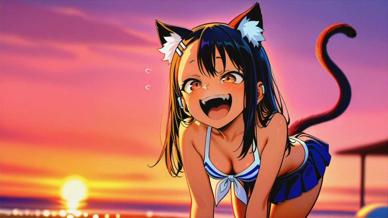 Hayase Nagatoro, mischievous look, laughing with open mouth, cat ears, cat paw gloves, cat tail, dressed in bikini and pleated mini skirt, cleavage, on all fours, on the beach, sunset, play of shadows, beautiful lighting, subtle pastel tones, 8k