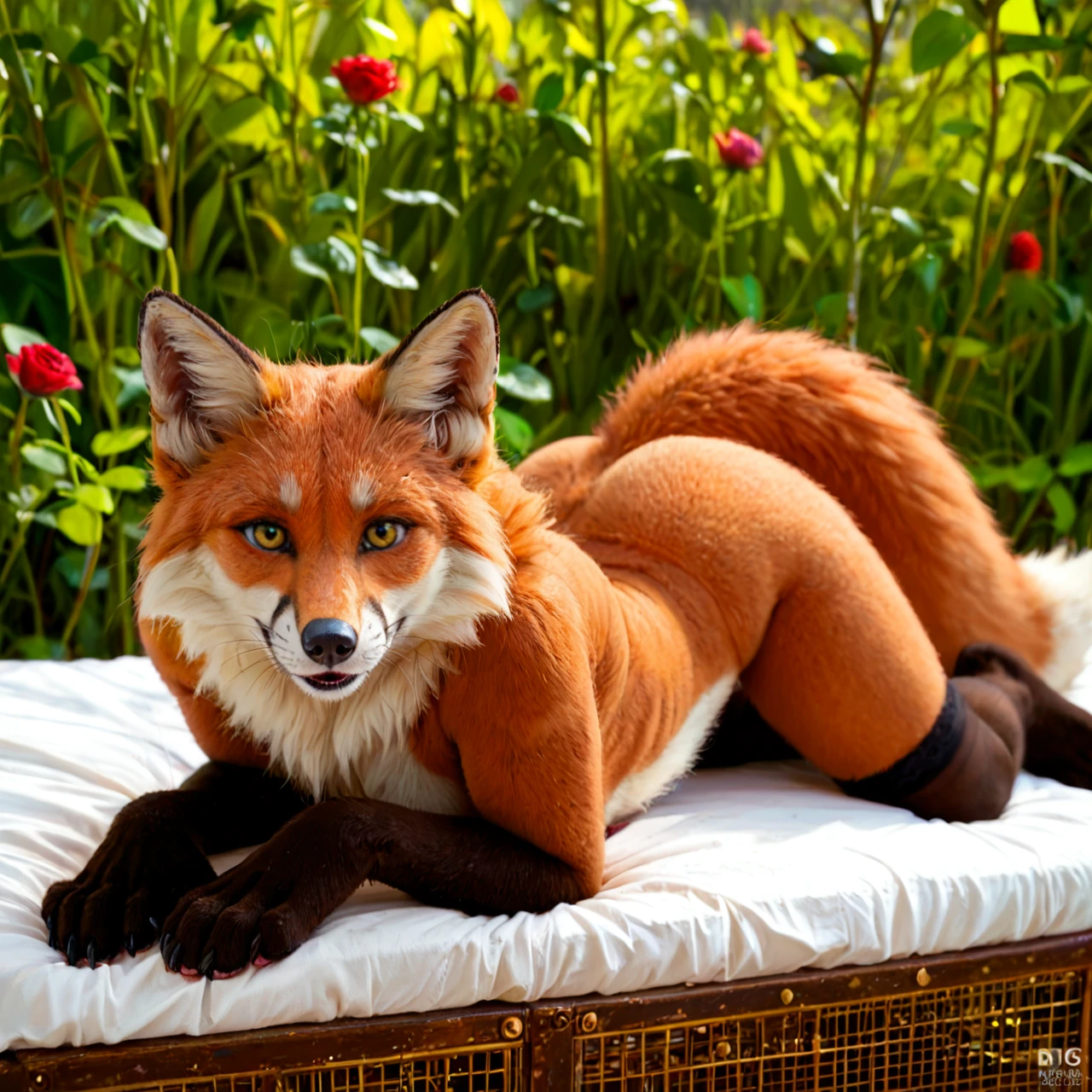 A stylized, anthropomorphic fox, likely a furry.  The fox has a muzzle with a metal muzzle cage, reddish-orange fur, and white-tipped ears.  It has amber/gold eyes and a teal/green eye.  The fox is in a relaxed, prone position, with its body angled slightly downward and towards the viewer. The fox's paws are visible and have a pink/rose colored pads.  The fox's body suggests a playful, somewhat submissive pose. The background is a gradient of muted purples and pinks. The colors are rich, but not hyperrealistic; more like a digitally painted illustration in a style that's painterly, yet precise in detail.  The fur has a soft, almost fluffy texture in the image.  Focus on the facial and body details of the fox, emphasizing the muzzle cage.  The overall image has a slight impressionistic feel, focusing on the fox's expression and form rather than photorealism.