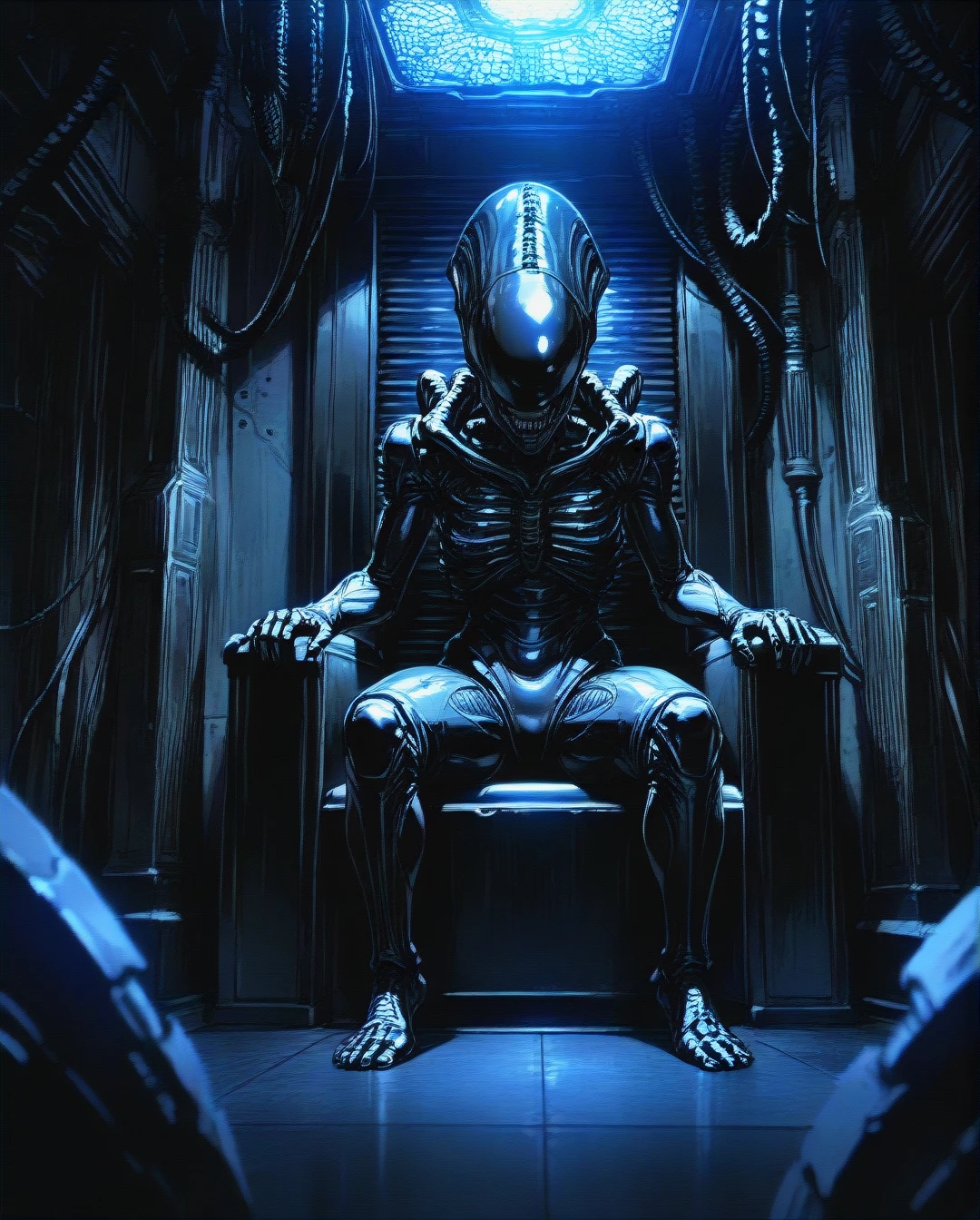 @xenomorph, sitting on a throne, inside spaceship, dark, (full_body)