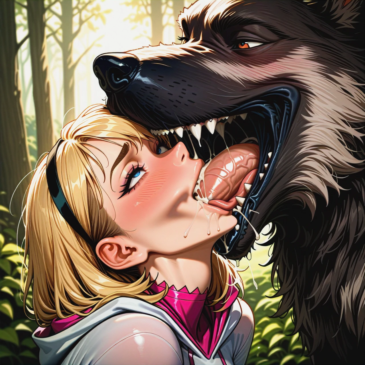 @gwen_stacy, ahegao, blushing, feral wolfdog, canine penis, knotted cock, deepthroat, throatpie, facefuck, forest, deep thrusting, detailed face, internal creampie, licking face, detailed pussy