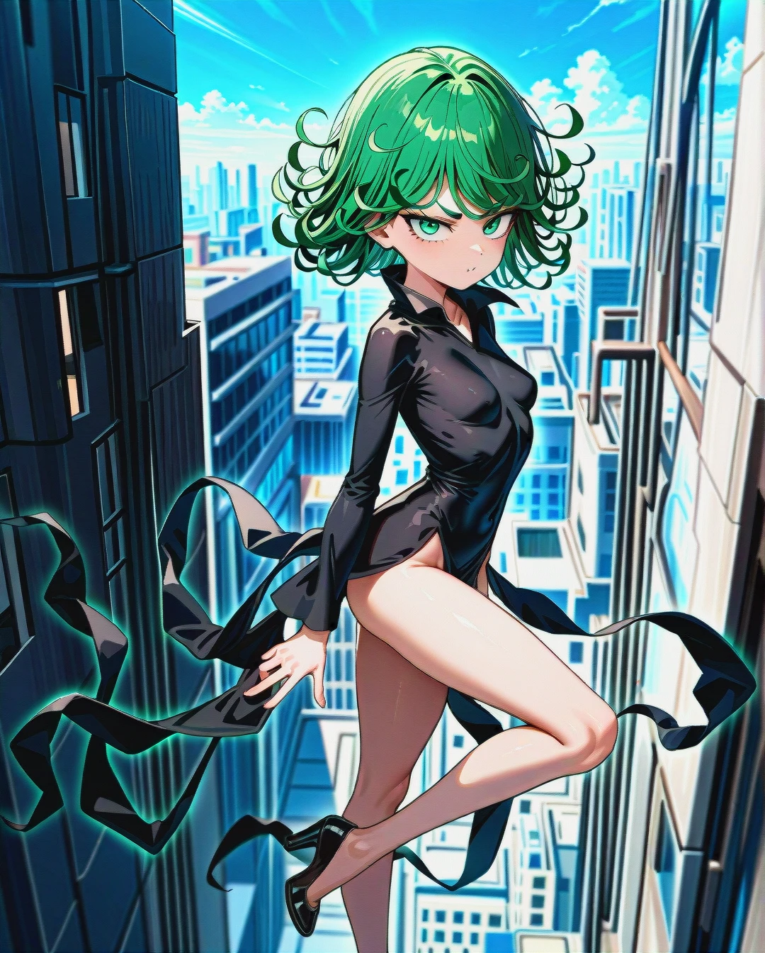 1girl, character tatsumaki, (perfect face: 1,2), (beautiful green eyes: 1,1), (very skinny), in black dress with long sleeve, in black heel, floating in the air, background is city, (side view: 1,1), day, manga effects, motion lines