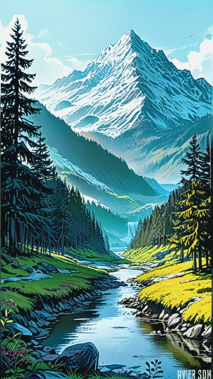 beautiful landscape with mountains, rivers, and forests, in the style of Bob Ross, vibrant colors, highly detailed, 8k resolution, cinematic lighting, [ugly:0], [deformed:0], [blurry:0], [low quality:0], [distorted:0], [oversaturated:0], [grayscale:0], [monochrome:0], [text:0], [logo:0],