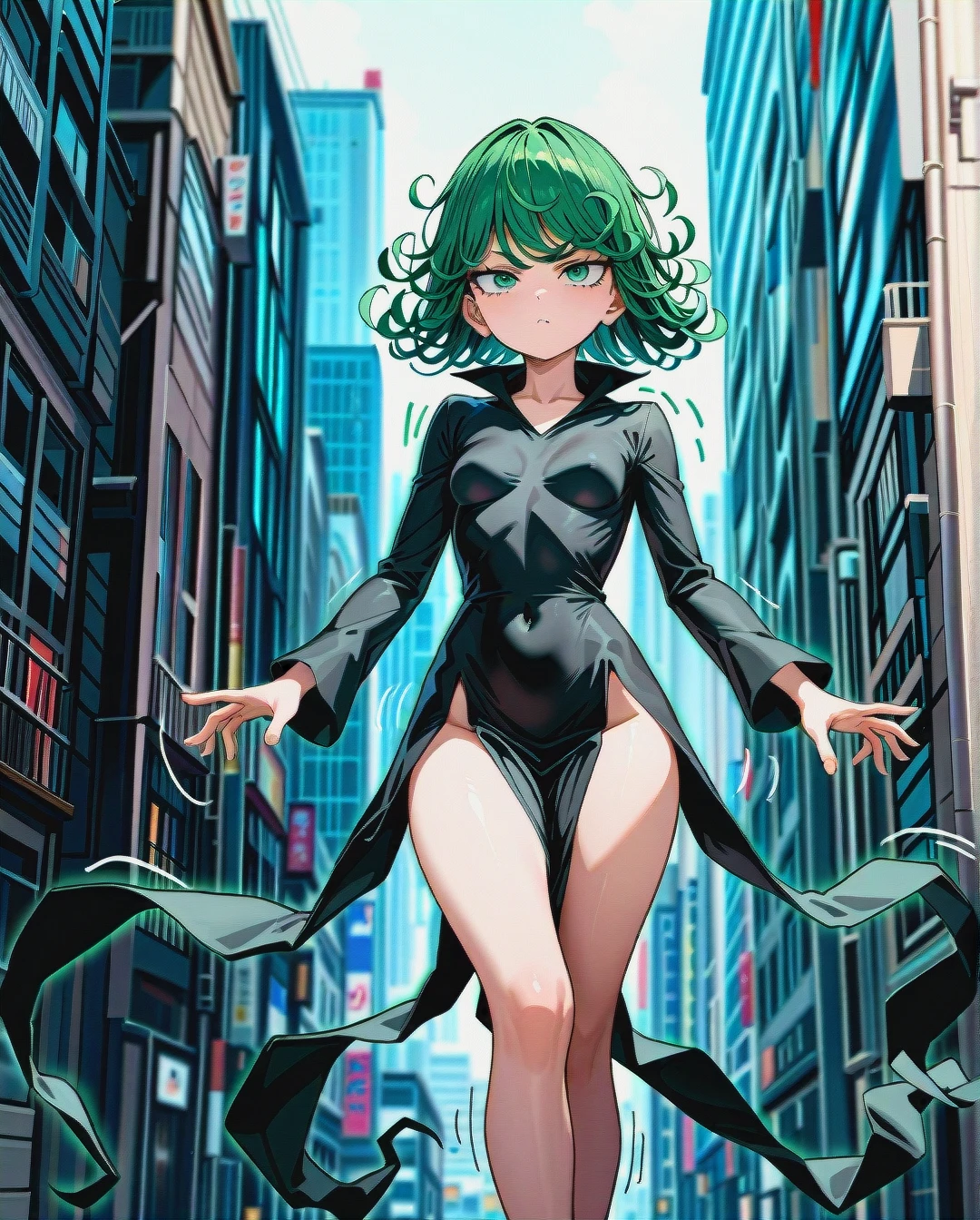 1girl, character tatsumaki, (perfect face: 1,2), (beautiful green eyes: 1,1), (very skinny), in black dress with long sleeve, in black heel, floating in the air, background is city, day, manga effects, motion lines, (side distant view)