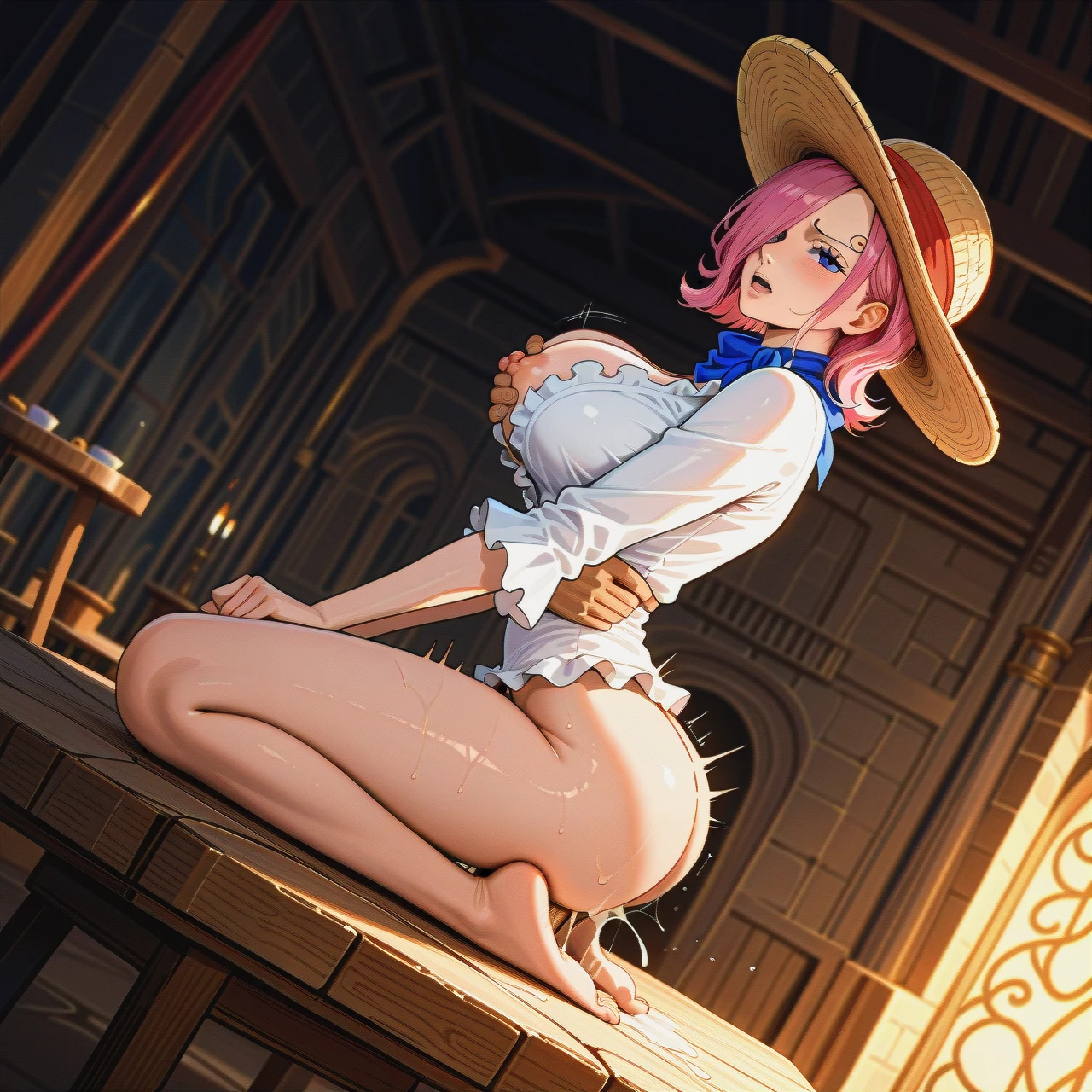 Vinsmoke Reiju from one piece ,  white outfit with straw hat  ,  @monkey_d_luffy  , sex, full body , (guided_breast_grab) , full body , (from_side) , (sideways) , hip thrust , (sex_from_behind) sex ,  creampie , background on concrete palace balcony,  (table_humping) , luffy not wearing straw hat