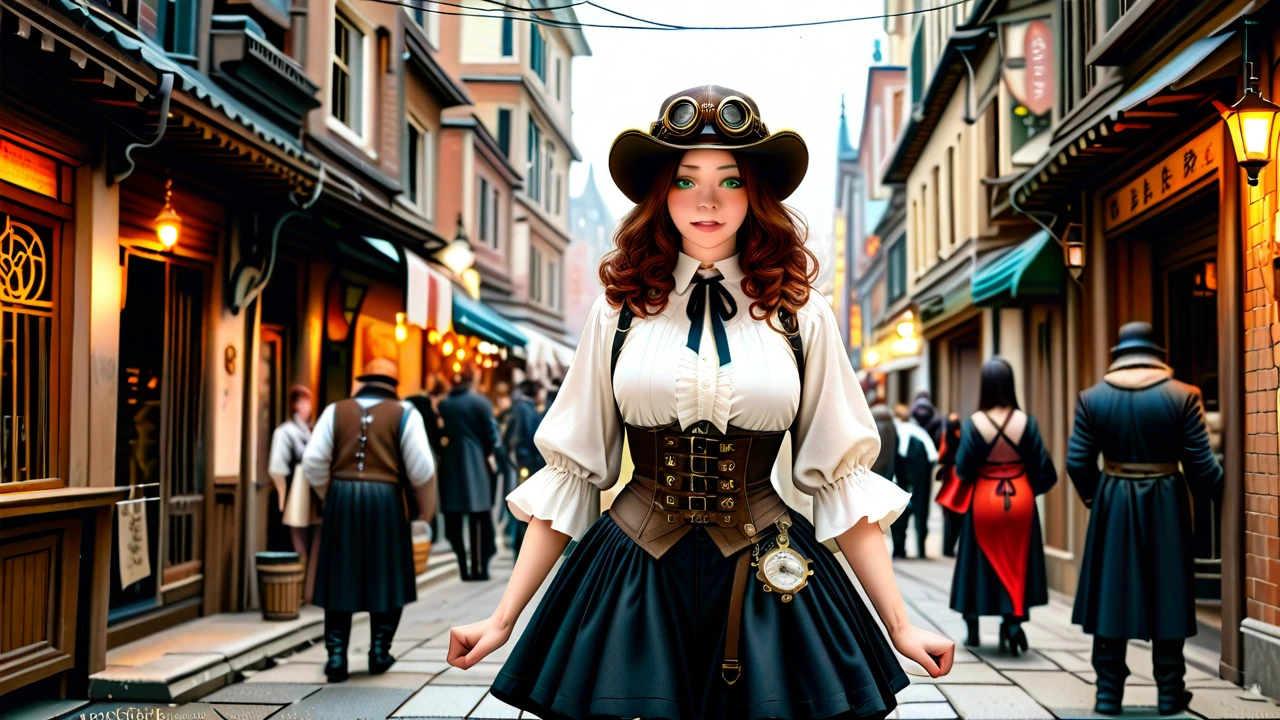 Kaguya Shinomiya, dressed in steampunk clothing, goggles, on a busy medieval japanese city street, shaking hands with slim, Ravishing, beautiful succubus, long, curly, auburn hair, green eyes, wearing steampunk hat, goggles Medium view