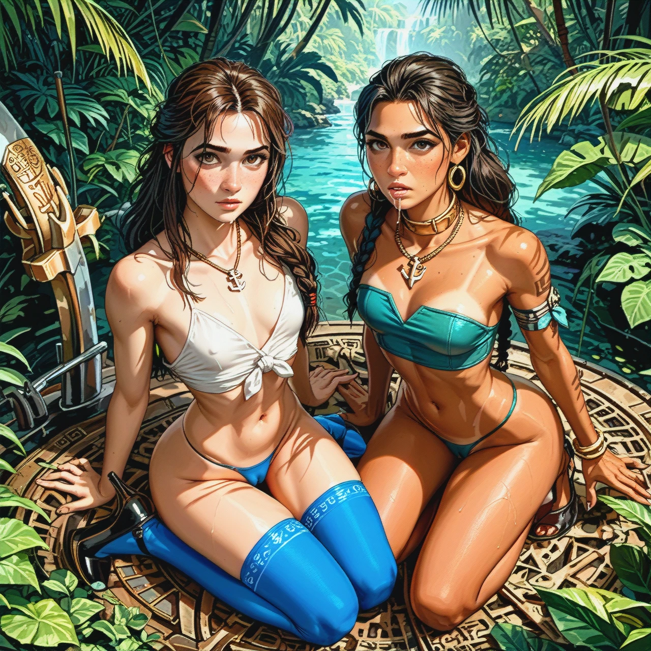 2girl, , , , jawline,slim legs,flat chest,from above,tanned, cute nose,camel toe,round breasts,waist,girl kneeling, saliva on shirt,blue stockings,anchor necklace,micro thong,heels, club setting, jungle, cyberpunk, gold collar, lara croft, moana, waifu