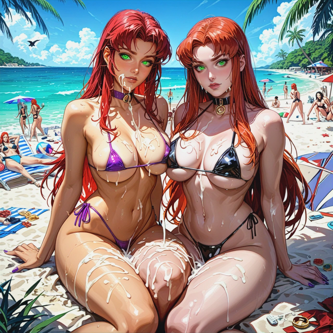 2 girls, @raven, @starfire, thick, public beach, micro bikini, tight bikini, latex bikini, gangbang, thigh job, legs, feet, covered in cum, sticky, messy,